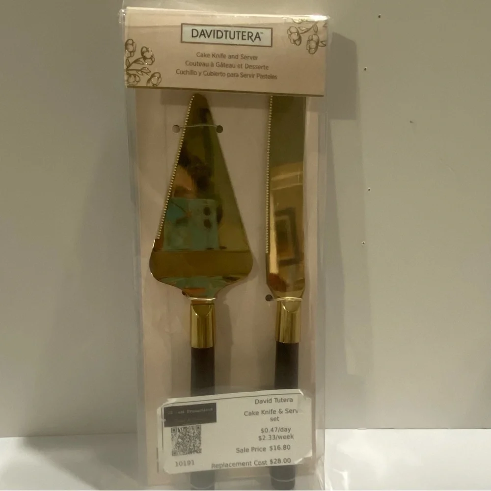 David Tutera Gold Cake Knife & Server Set Wood Handles Wedding Movie Prop NEW